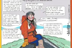 a woman in a red parka and yellow gloves sits on a boat bow