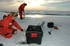 A marine biologist measures the temperature of an ice core.