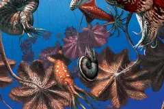 a bunch of squid and ammonoids hide in a forest of sea lilies