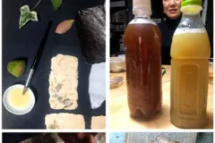 A series of six images depicting the Kakishibu dyeing process. The top two images show slices of persimmons, the middle two show the brown shades of juice distilled from the fruit, and the bottom two show a swatch of fish skin being dyed brown with the juice.