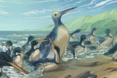 an illustration of a large penguin coming ashore on a beach surrounded by many smaller penguins