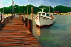 A painting of a working vessel moored at a dock.