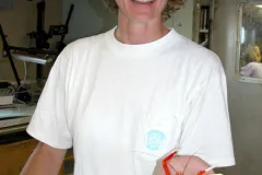Scientist Martha Nizinski holds a squat lobster (Eumunida picta) collected at the Lophelia reefs off Cape Lookout, North Carolina. &nbsp;&nbsp;&nbsp;