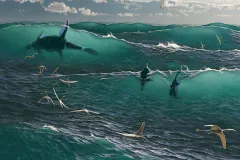 ancient sea creatures frolic in the waves