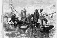 Black men dredge for oysters in a boat