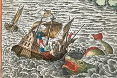 A sea monster attacks a wooden ship