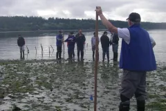 Students examine a beach at low tide.