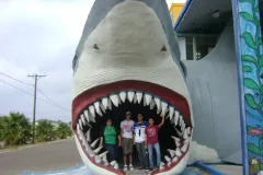 Students pose in the mouth of a giant model of a shark.