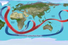 a ribbon on the globe represents oceanic currents