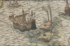 Two whales attack a ship on a map