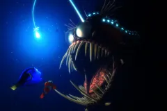 Dory and Marlin encounter a hungry anglerfish in the animated feature film, Finding Nemo. Credit: Pixar Animation Studios&nbsp;
