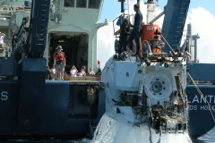Alvin, a human occupied vehicle (HOV), returns to the ship after a dive.