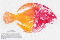 A red and yellow gyotaku-style fish print of a flounder