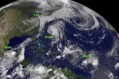NOAA satellite image of four tropical storms in the Atlantic Ocean basin on 9/8/2011