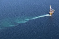 An oil drilling platform in oil-free water two years after the Deepwater Horizon oil spill in the Gulf of Mexico.