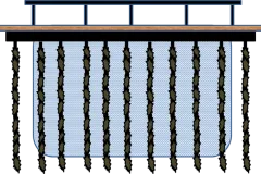 Fish cage with mussel lines suspended around the parameter.