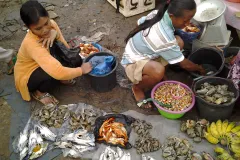 Two young women with seafood on a tarp