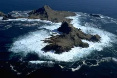 An aerial view of the rocky islands that make up the Gulf of the Farallones.