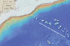 The New England Seamount Chain is the longest in the North Atlantic Ocean and includes peaks of more than 30 extinct volcanoes.