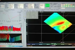 This computer screen image shows views of each sonar beam and the path being mapped by the ship.
