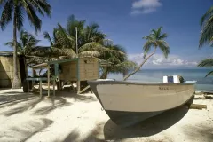 a boat sits in the sand next to a shack