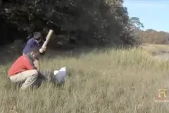 two scientists hammering a sediment core