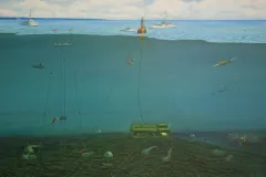 an undersea scene with divers, submarines, and underwater habitats