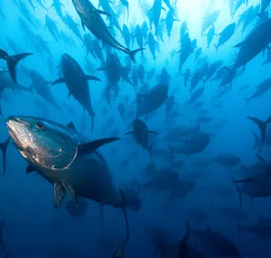 An image of tuna swimming in the ocean.