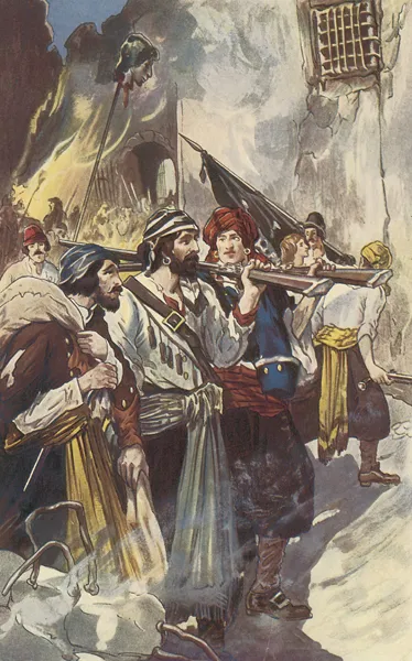 Pirate Henry Morgan arrives with his rifle and his crew  in Panama City