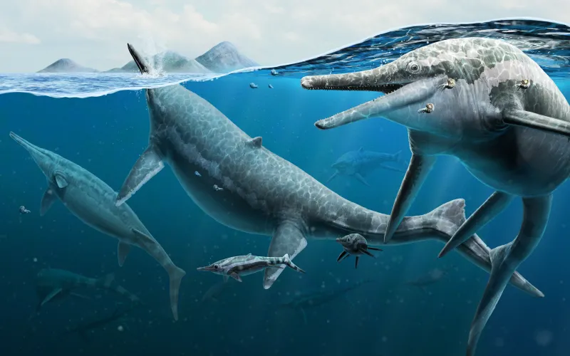 a group of ichthyosaurs swims at the ocean's surface