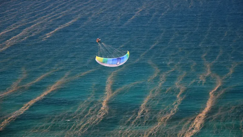 A paraglider flies over the ocean