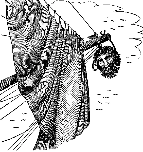 Blackbeard&#039;s head suspended from the end of a bowsprit.