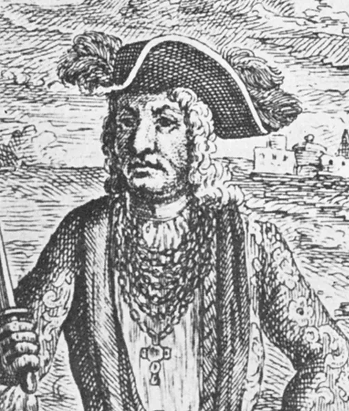 Pirate captain Bartholomew Roberts dressed in embroidered coats and hats with feathered plumes, like an elegant gentleman.