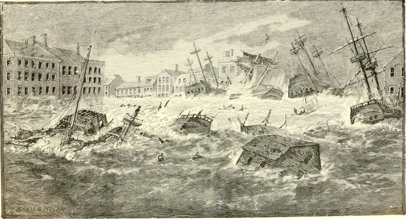The Great Gale wooden ships are swept into Providence, RI during a storm