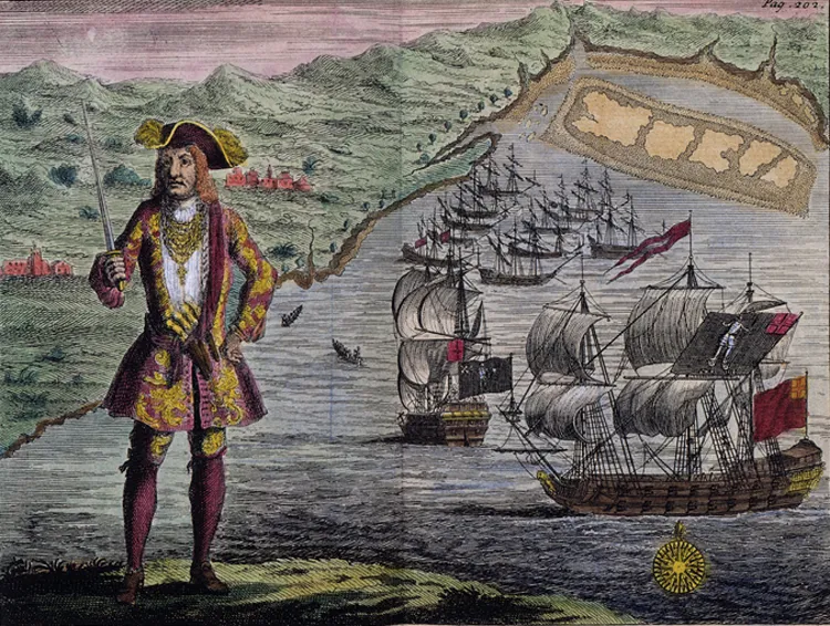 Pirate captain Bartholomew Roberts in his finery.