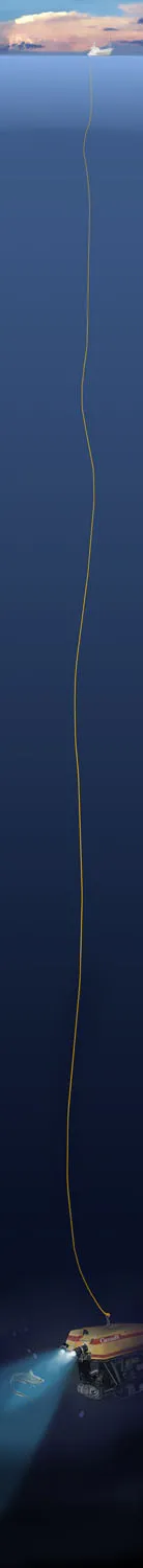 A cable connects a remotely operated vehicle (ROV) to a ship at the surface.