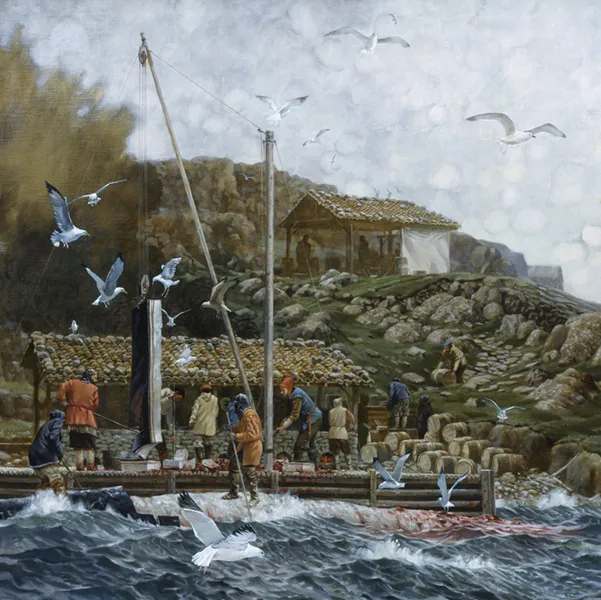 This illustration shows whalers of the early 1800s with their highly profitable catch.