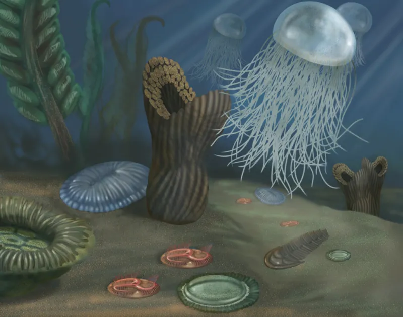 A rendering of an underwater marine scene from the Proterozoic Eon, featuring a creature that resembles a jellyfish and other organisms.