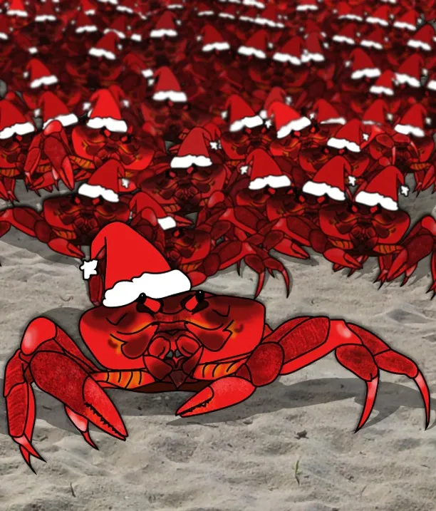 Hundreds of illustrated red crabs gathering on sand with Santa hats.