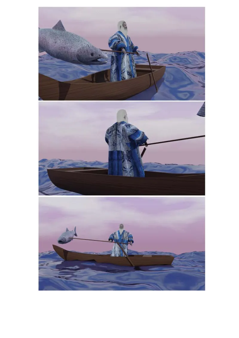 A 3D rendering of a man wearing a blue and white fish skin robe, standing on a boat in the ocean.