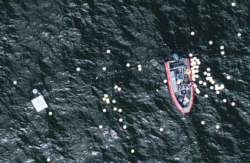 A zodiac boat and bamboo plates in the ocean