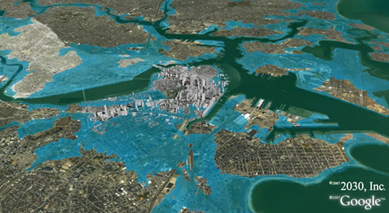 A map of Boston showing which streets would be flooded if sea level rose by 3 meters.