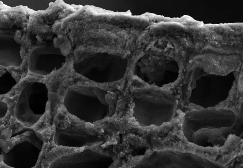 Unlike the green, leafy algae we're used to seeing, coralline algae has a hard crust—which you can see here at the molecular level under a scanning electron microscope.