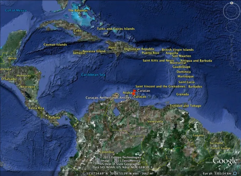 A map of of the Caribbean, featuring the island of Curaçao.