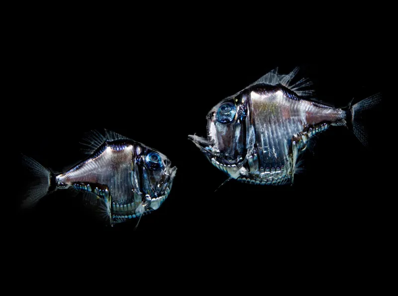 Two silver fish with big eyes facing one another