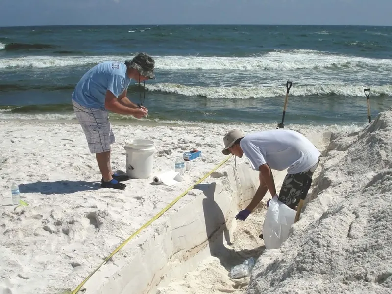 Gulf of Mexico Research Initiative researchers collect samples from a Pensacola Beach with oil layers in the sand. They use genomics to track how the communities of microbes change as they digest different components of oil after a spill.
