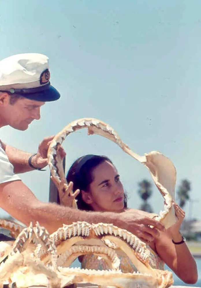 Clark studying a shark jaw