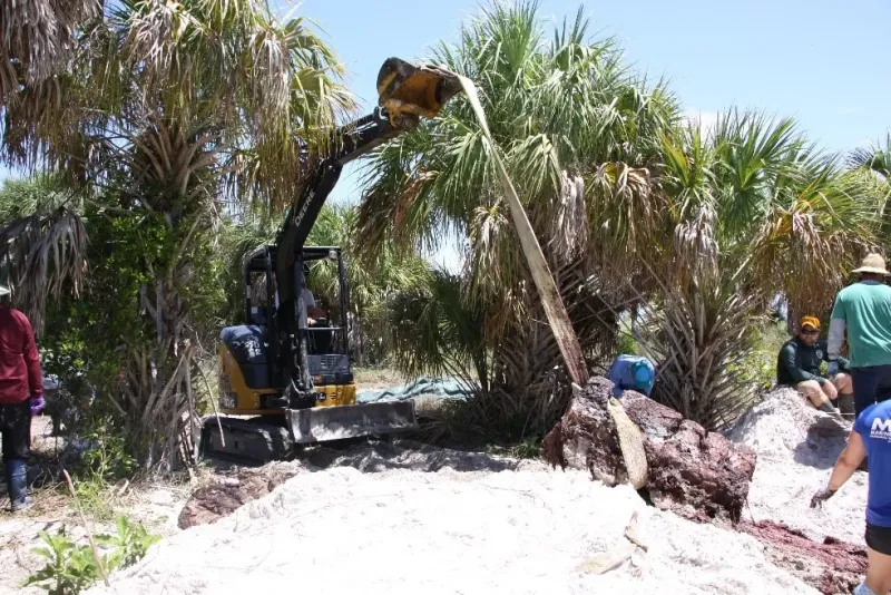 A front loader digs in the beach
