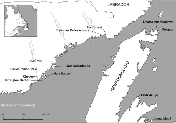 A map of the early European whaling site at Hare Harbor in Quebec, Canada