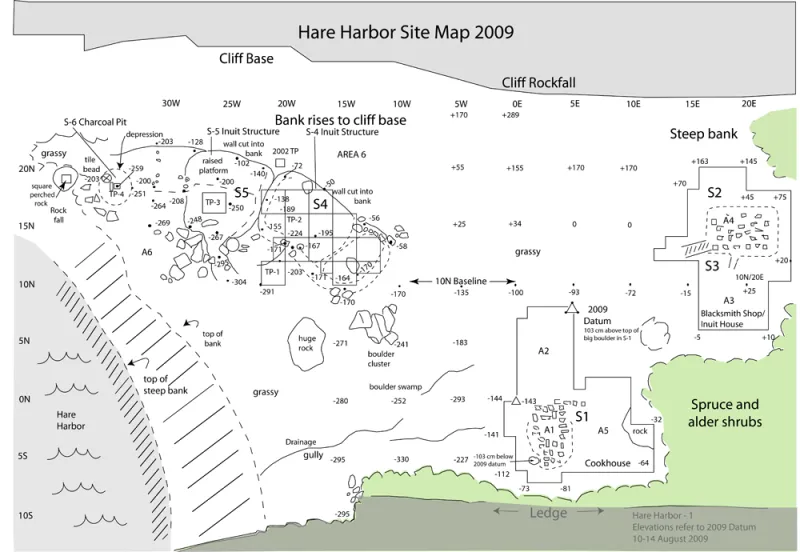Map depicting the archaeological excavation site at Hare Harbor in Quebec, Canada in 2009